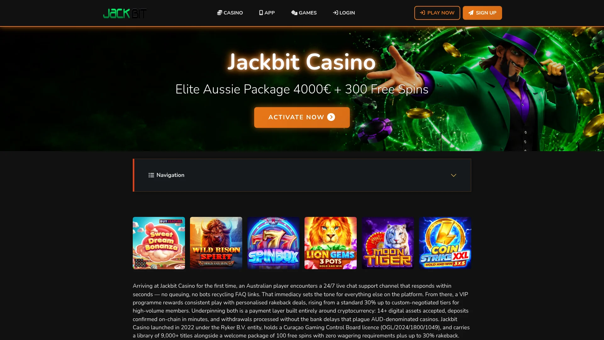 Jackbit Casino desktop platform with casino, live dealer and account features